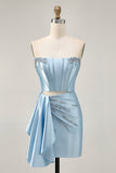 Blue Corset Beaded Cut Out Satin Tight Homecoming Dress with Streamer