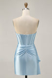 Blue Corset Beaded Cut Out Satin Tight Homecoming Dress with Streamer