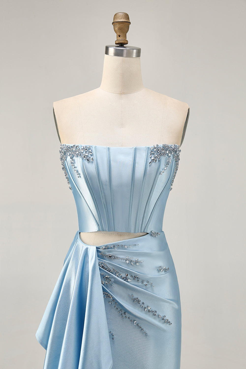 Blue Corset Beaded Cut Out Satin Tight Homecoming Dress with Streamer