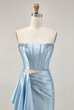 Blue Corset Beaded Cut Out Satin Tight Homecoming Dress with Streamer