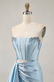 Blue Corset Beaded Cut Out Satin Tight Homecoming Dress with Streamer
