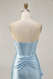 Blue Corset Beaded Cut Out Satin Tight Homecoming Dress with Streamer