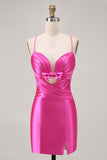 Fuchsia Cut Out Satin Tight Homecoming Dress
