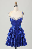 A Line Tiered Corset Royal Blue Homecoming Dress with Bows