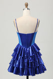 Royal Blue A-Line Tiered Ruffle Corset Homecoming Dress With Sequins