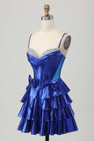 A Line Tiered Corset Royal Blue Homecoming Dress with Bows