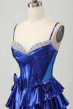 A Line Tiered Corset Royal Blue Homecoming Dress with Bows