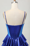A Line Tiered Corset Royal Blue Homecoming Dress with Bows