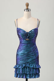 Metallic Blue Purple Cut Out Ruched Bodycon Homecoming Dress