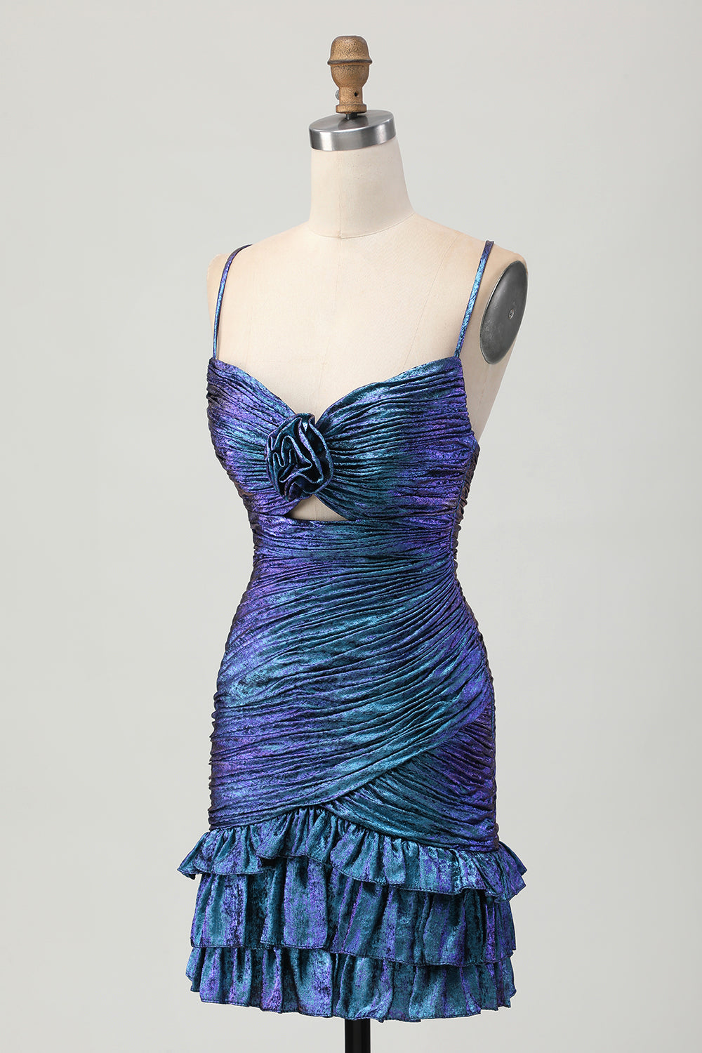 Metallic Blue Purple Cut Out Ruched Bodycon Homecoming Dress