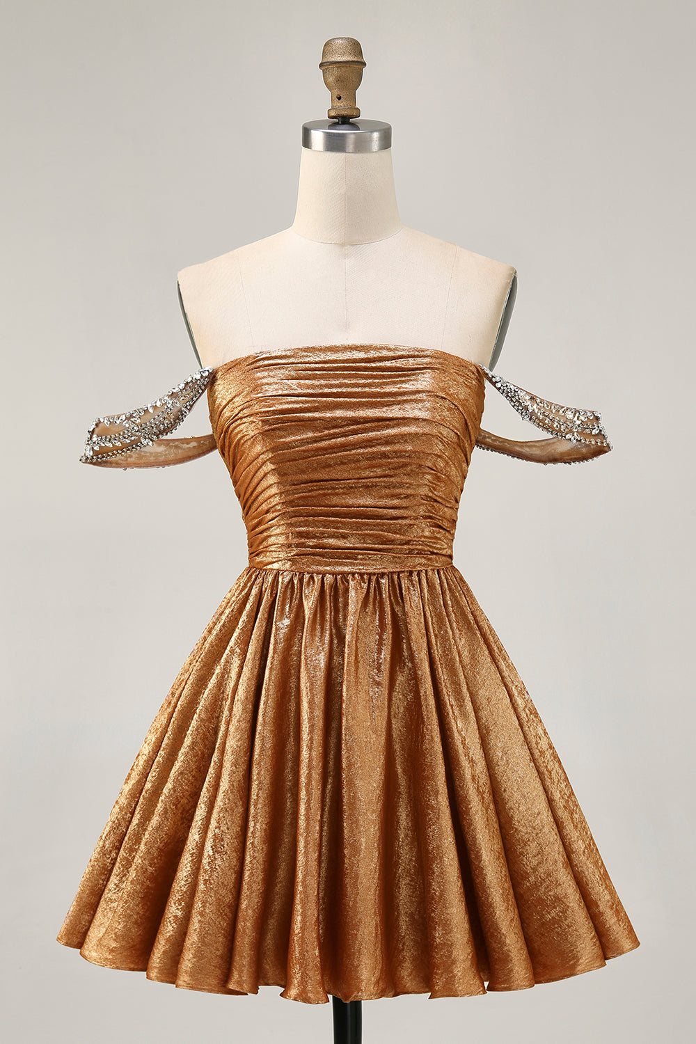Metallic Golden A Line Off The Shoulder Homecoming Dress