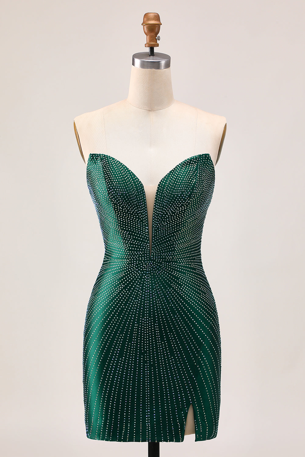 Strapless Bodycon Beaded Dark Green Homecoming Dress With Slit