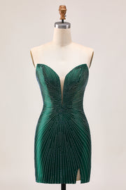 Strapless Bodycon Beaded Dark Green Homecoming Dress With Slit