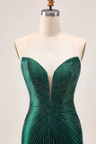 Strapless Bodycon Beaded Dark Green Homecoming Dress With Slit