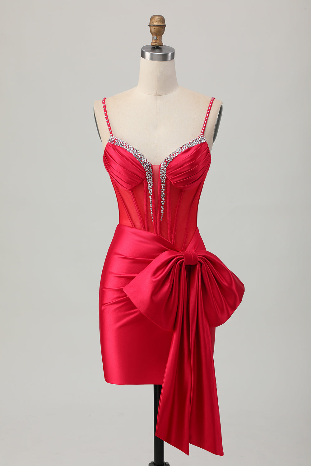 Bodycon Corset Satin Beaded Red Homecoming Dress with Bow