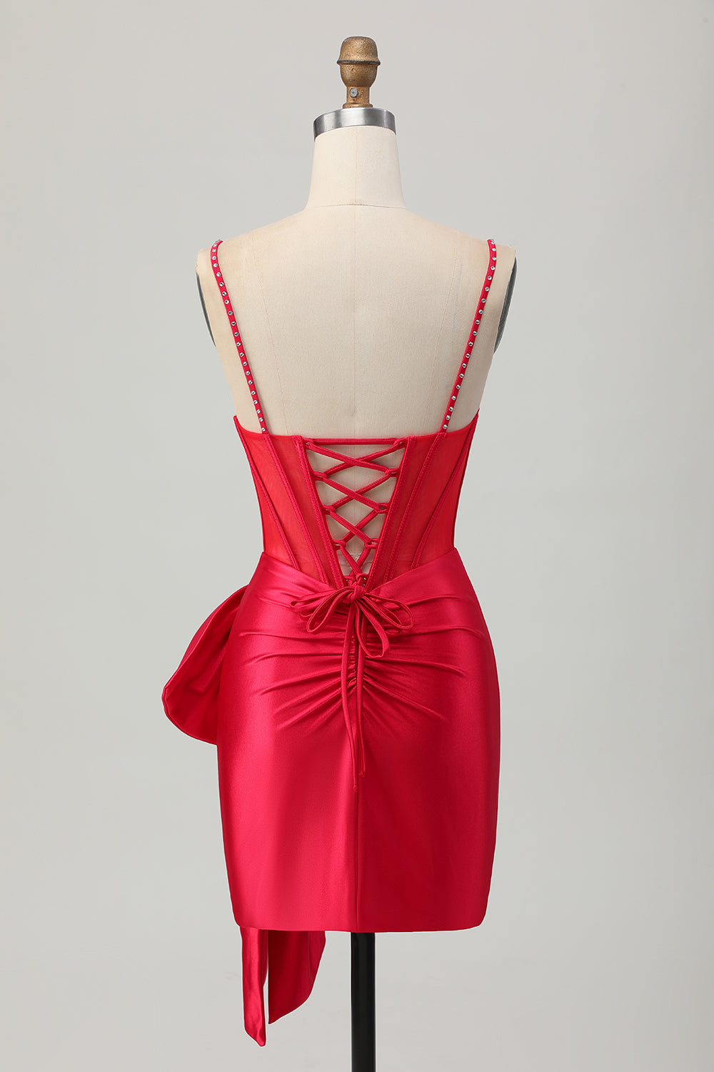 Bodycon Corset Satin Beaded Red Homecoming Dress with Bow