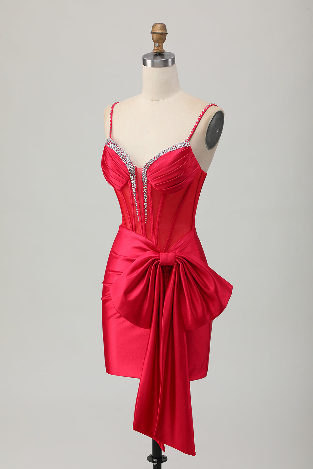 Bodycon Corset Satin Beaded Red Homecoming Dress with Bow