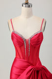 Bodycon Corset Satin Beaded Red Homecoming Dress with Bow