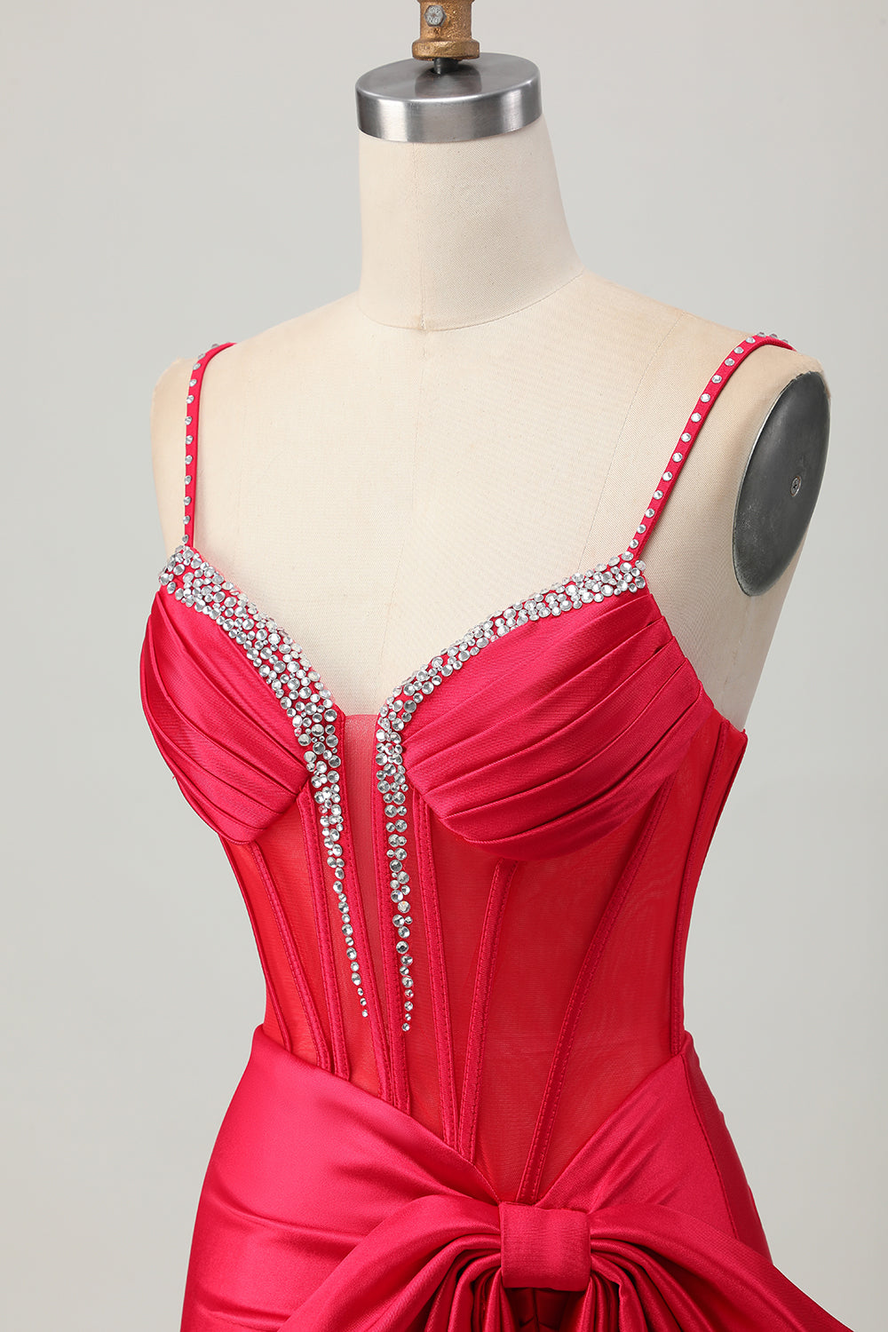 Bodycon Corset Satin Beaded Red Homecoming Dress with Bow