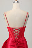Bodycon Corset Satin Beaded Red Homecoming Dress with Bow