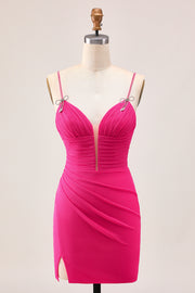Bodycon Fuchsia Ruched Homecoming Dress With Bow