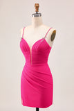 Bodycon Fuchsia Ruched Homecoming Dress With Bow
