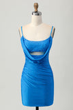 Blue Cowl Neck Bodycon Homecoming Dress with Beading