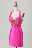 Fuchsia Halter Satin Bodycon Homecoming Dress with Rhinestones