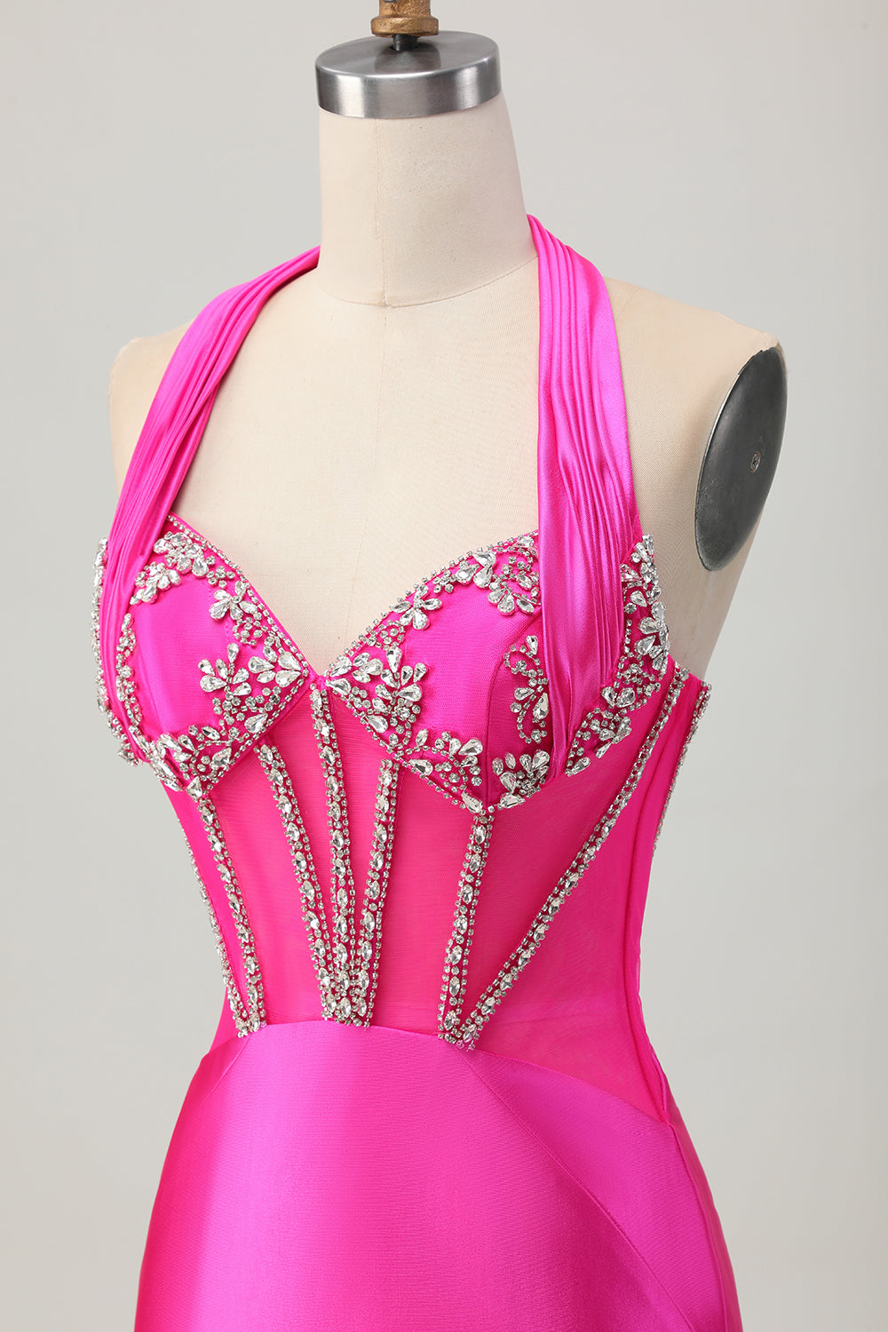 Fuchsia Halter Satin Bodycon Homecoming Dress with Rhinestones