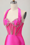 Fuchsia Halter Satin Bodycon Homecoming Dress with Rhinestones