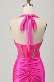 Fuchsia Halter Satin Bodycon Homecoming Dress with Rhinestones