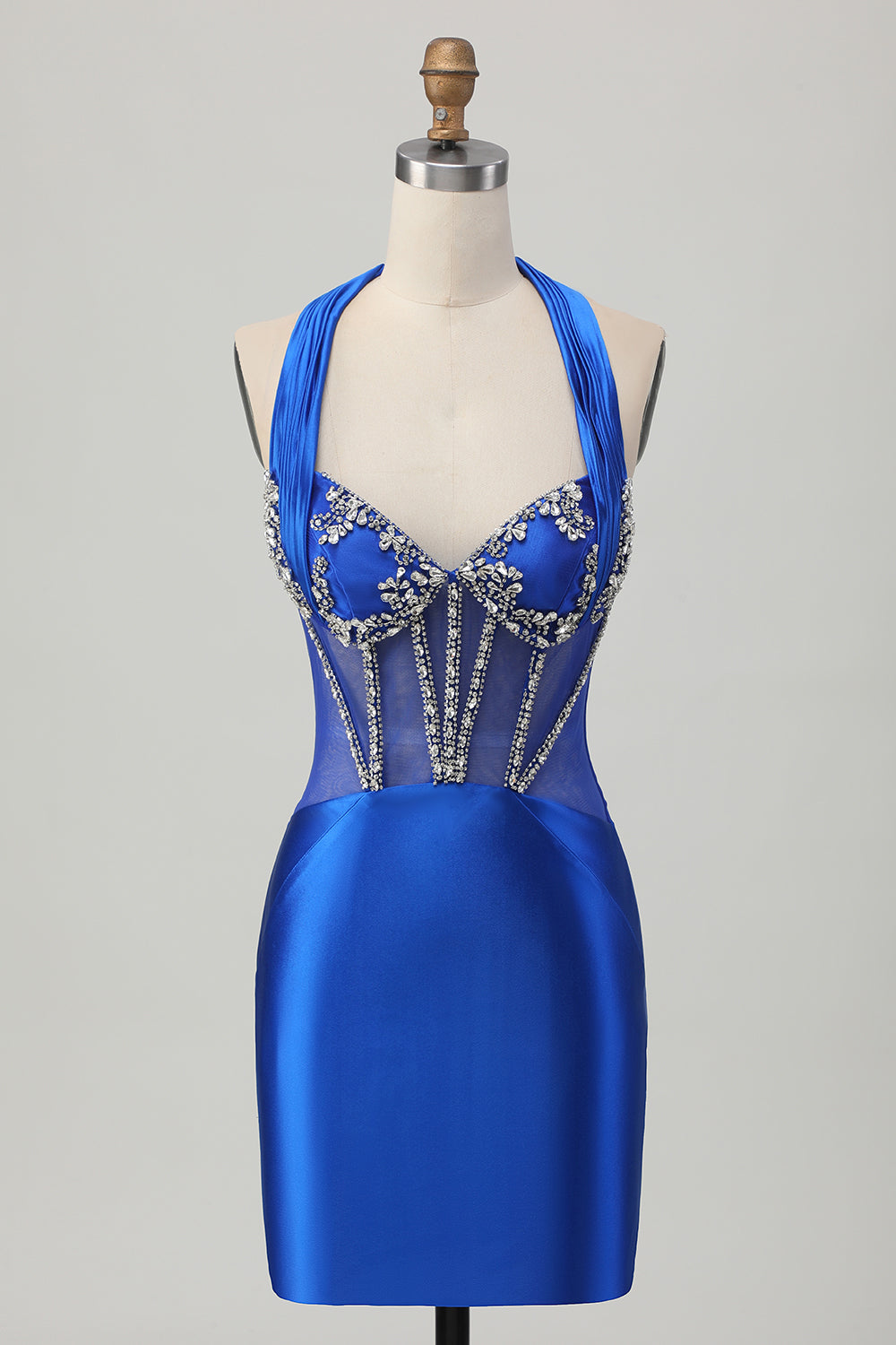 Satin Halter Bodycon Royal Blue Homecoming Dress With Rhinestones