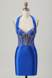Satin Halter Bodycon Royal Blue Homecoming Dress With Rhinestones