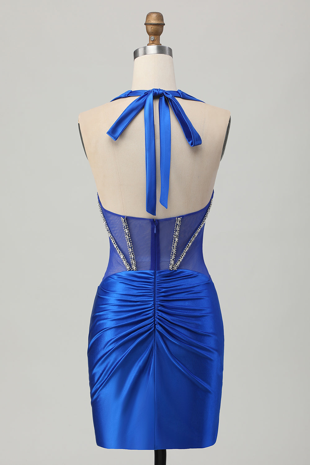 Satin Halter Bodycon Royal Blue Homecoming Dress With Rhinestones