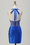 Royal Blue Bodycon Halter Satin Homecoming Dress with Rhinestones