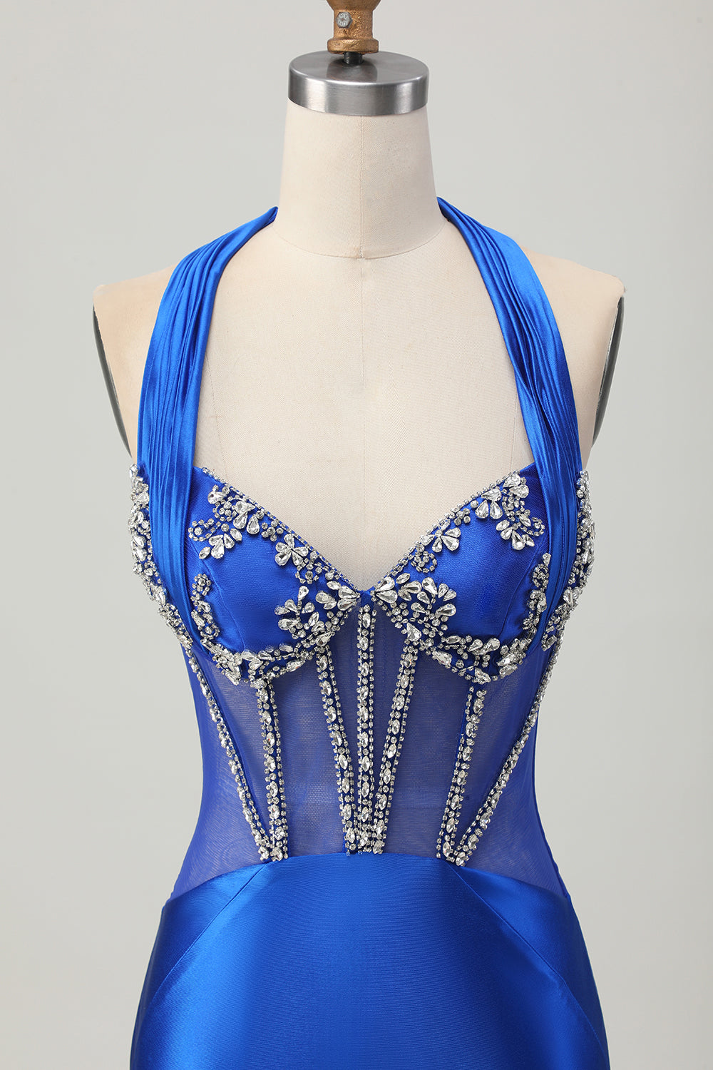 Royal Blue Bodycon Halter Satin Homecoming Dress with Rhinestones