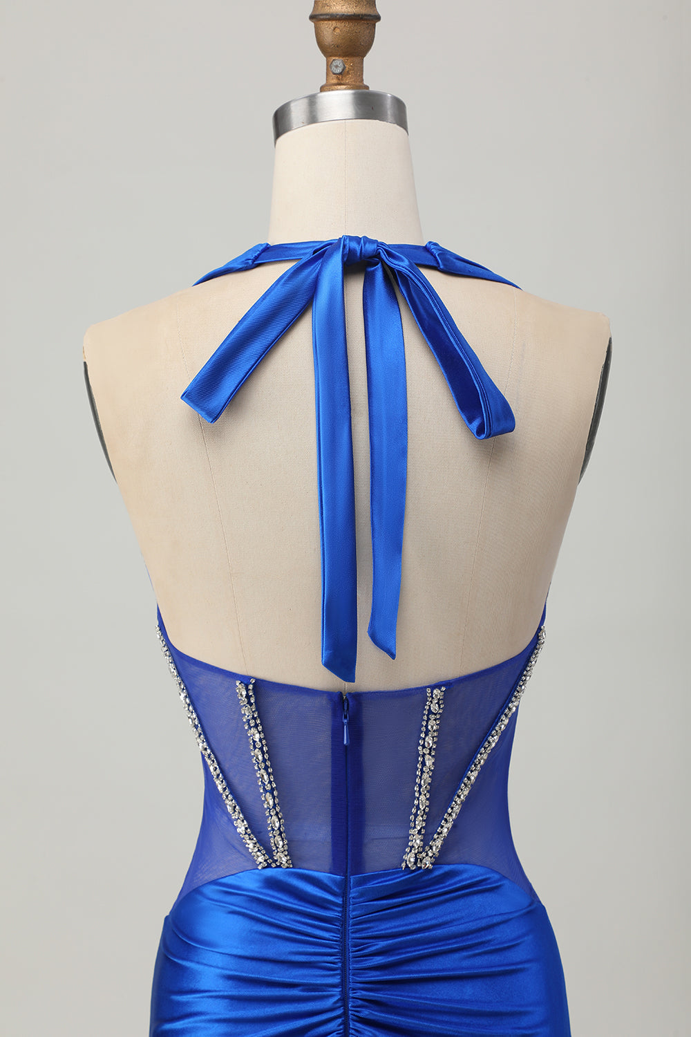 Royal Blue Bodycon Halter Satin Homecoming Dress with Rhinestones