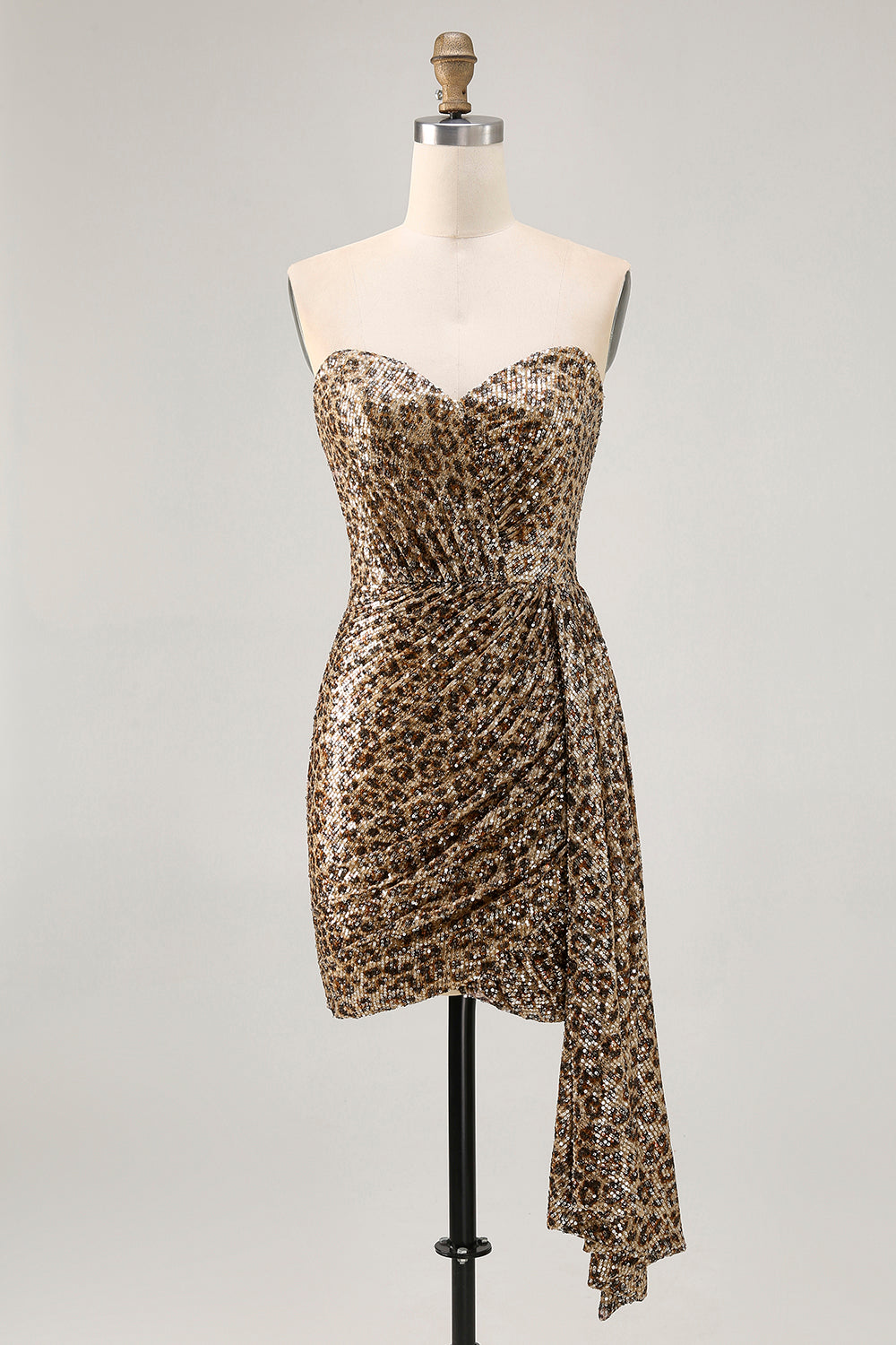 Sparkly Khaki Leopard Ruched Bodycon Strapless Homecoming Dress With Sash