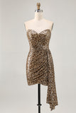 Sparkly Khaki Leopard Ruched Bodycon Strapless Homecoming Dress With Sash