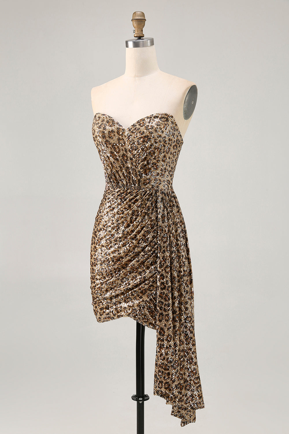 Sparkly Khaki Leopard Ruched Bodycon Strapless Homecoming Dress With Sash