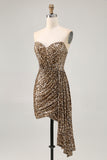 Sparkly Khaki Leopard Ruched Bodycon Strapless Homecoming Dress With Sash