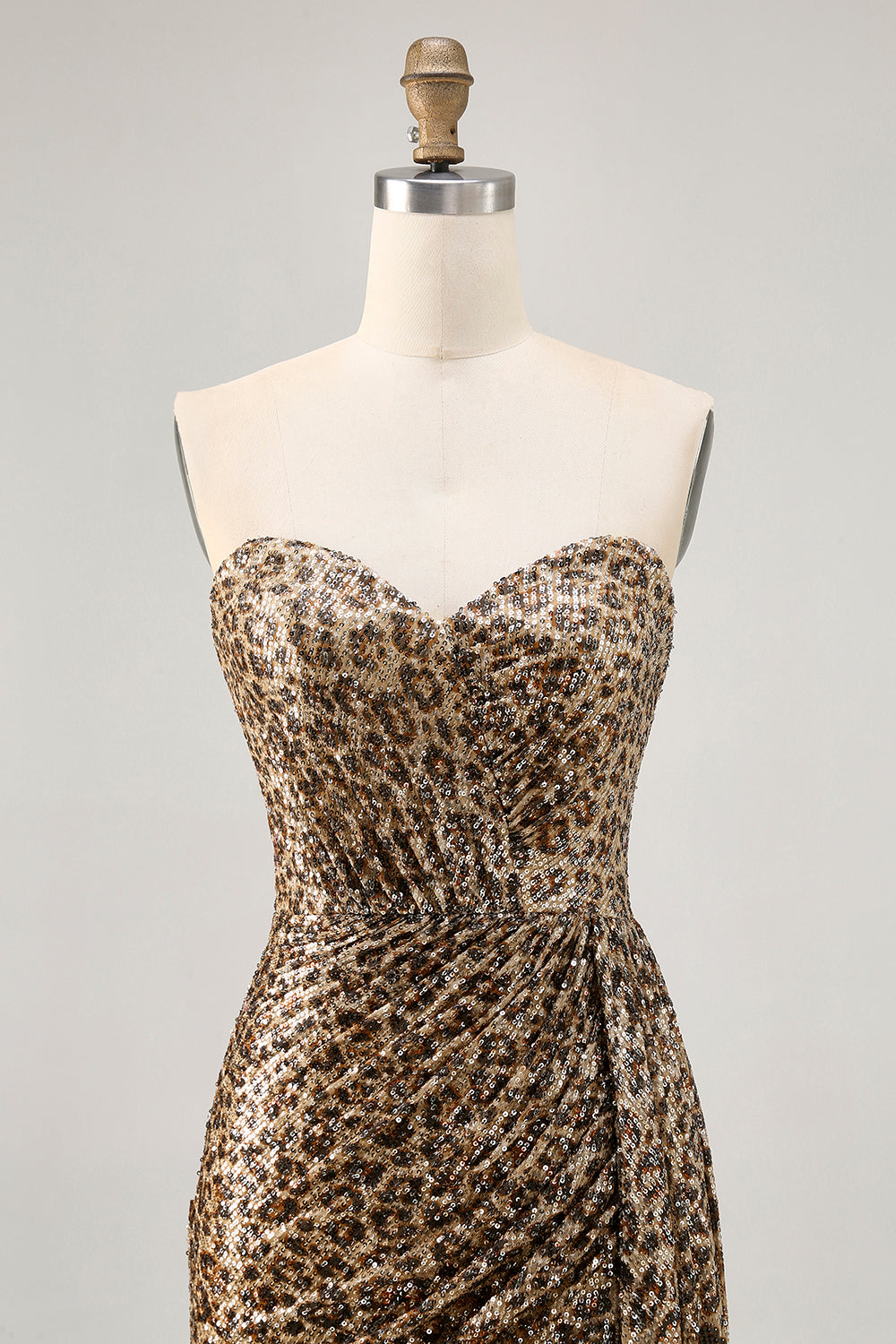 Sparkly Khaki Leopard Ruched Bodycon Strapless Homecoming Dress With Sash