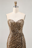 Sparkly Khaki Leopard Ruched Bodycon Strapless Homecoming Dress With Sash