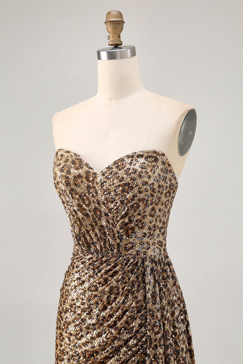 Sparkly Khaki Leopard Ruched Bodycon Strapless Homecoming Dress With Sash