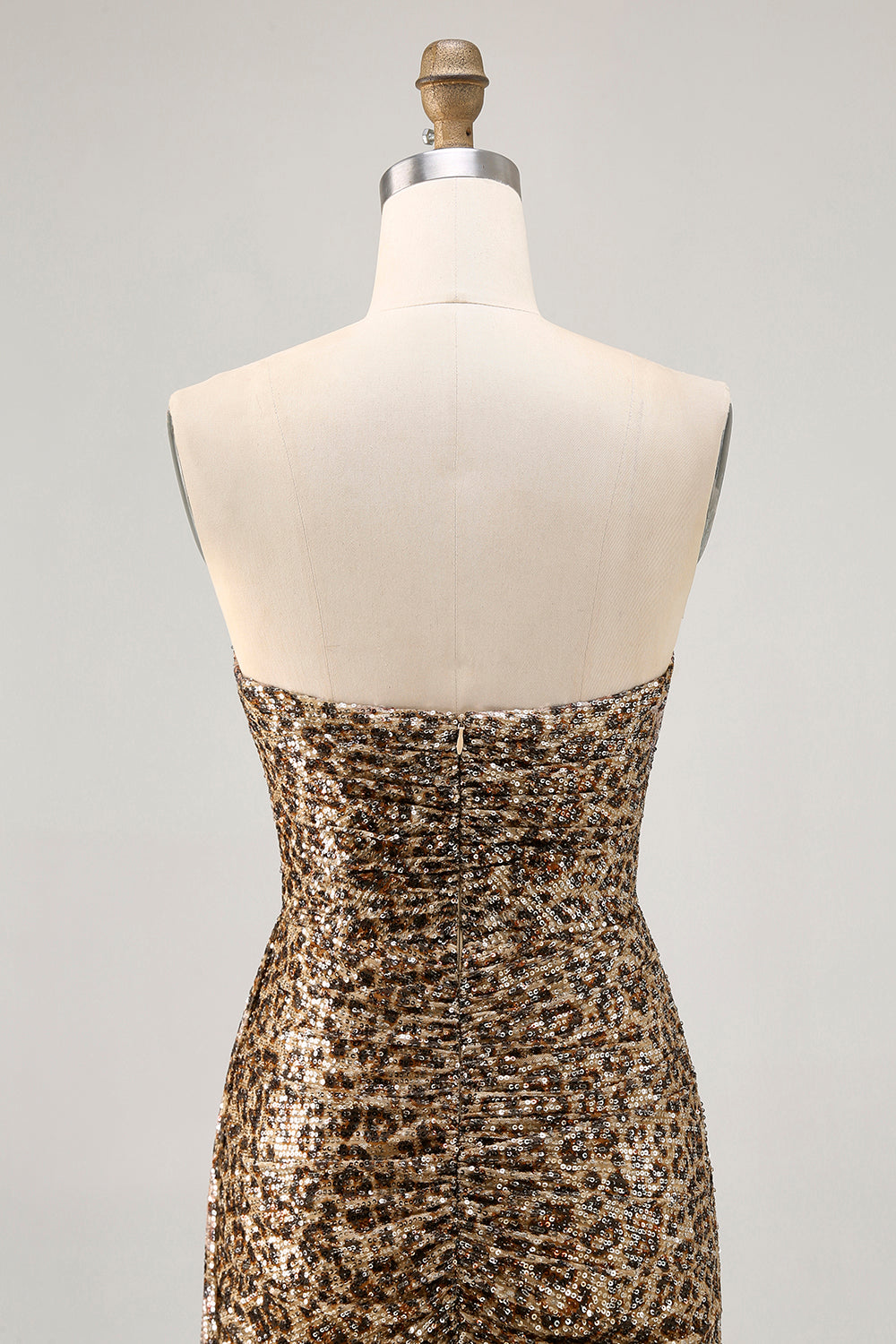Sparkly Khaki Leopard Ruched Bodycon Strapless Homecoming Dress With Sash
