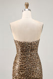 Sparkly Khaki Leopard Ruched Bodycon Strapless Homecoming Dress With Sash
