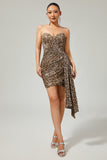 Sparkly Khaki Leopard Ruched Bodycon Strapless Homecoming Dress With Sash
