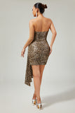 Sparkly Khaki Leopard Ruched Bodycon Strapless Homecoming Dress With Sash