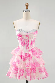 Printed Pink Flower Strapless Corset Homecoming Dress with Sequins