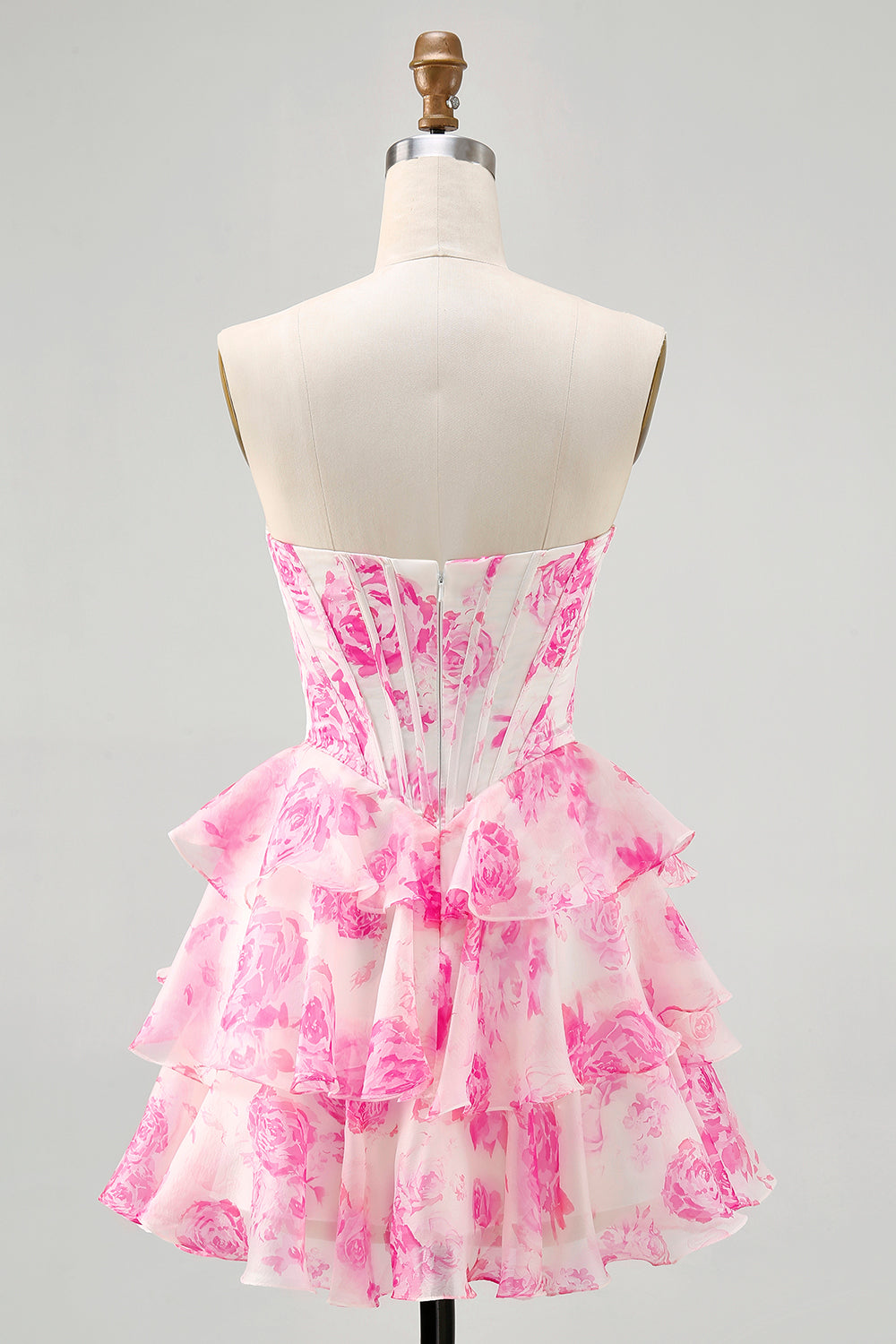Printed Pink Flower Strapless Corset Homecoming Dress with Sequins